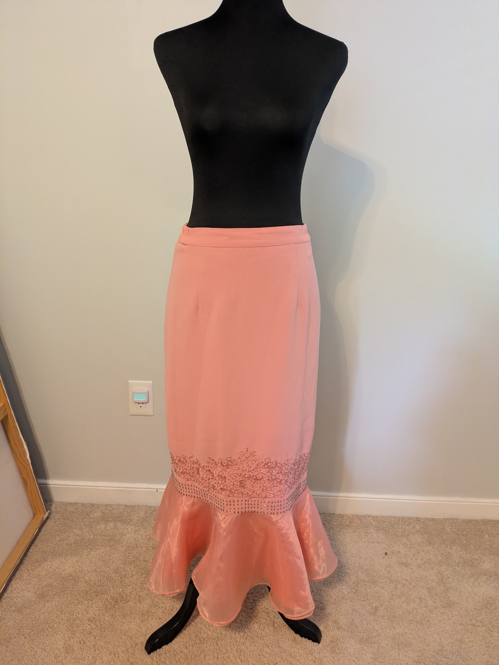 Vintage Blush Pink Embellished Mermaid Maxi Skirt Size 8 Organza Beadwork
